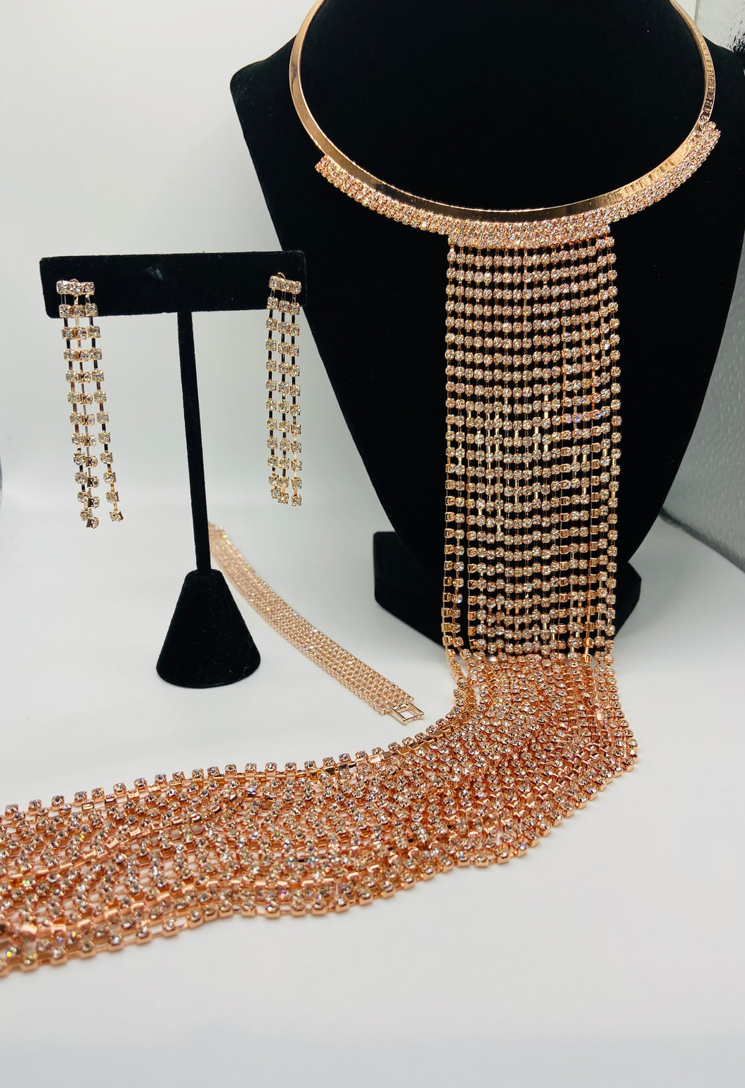 Elegant Rose Gold Necklace Bracelet and Earring Set